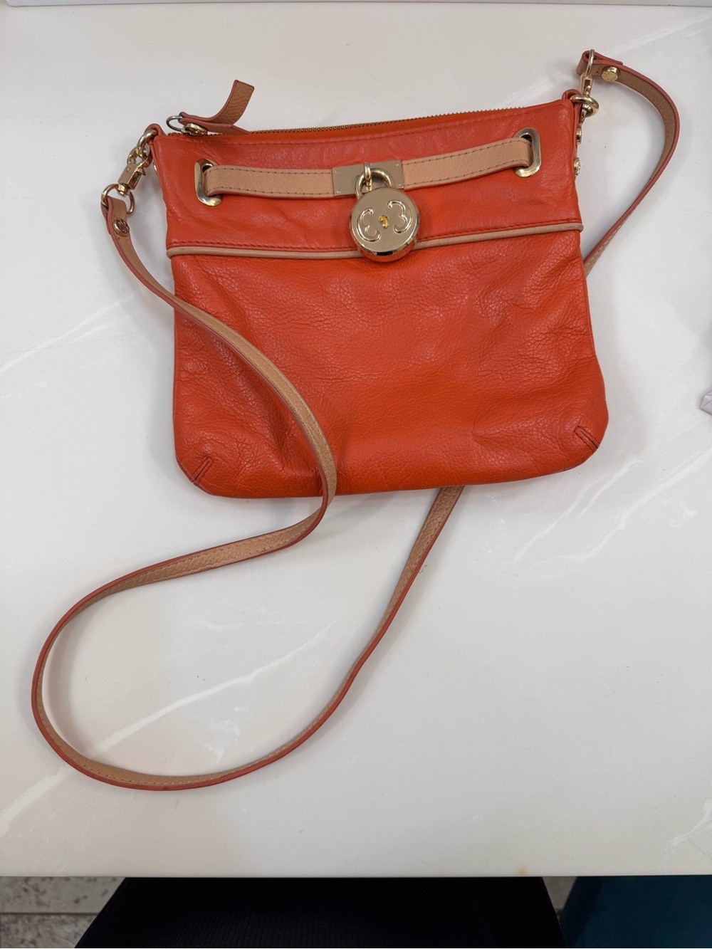 Emma Fox Orange Crossbody Bag with Tan Trim and Gold Hardware
